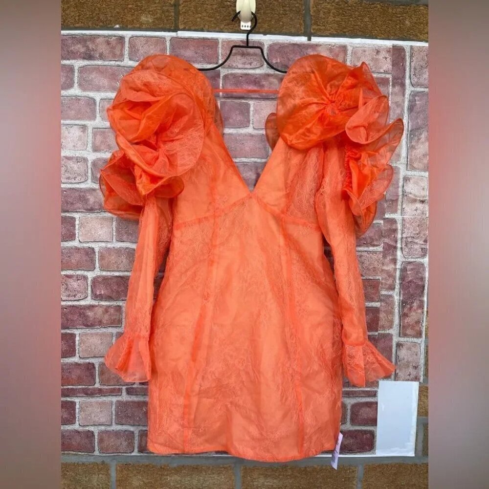ASOS Orange Ruffle Puff-Sleeve Mini Dress - Picture 5 of 14